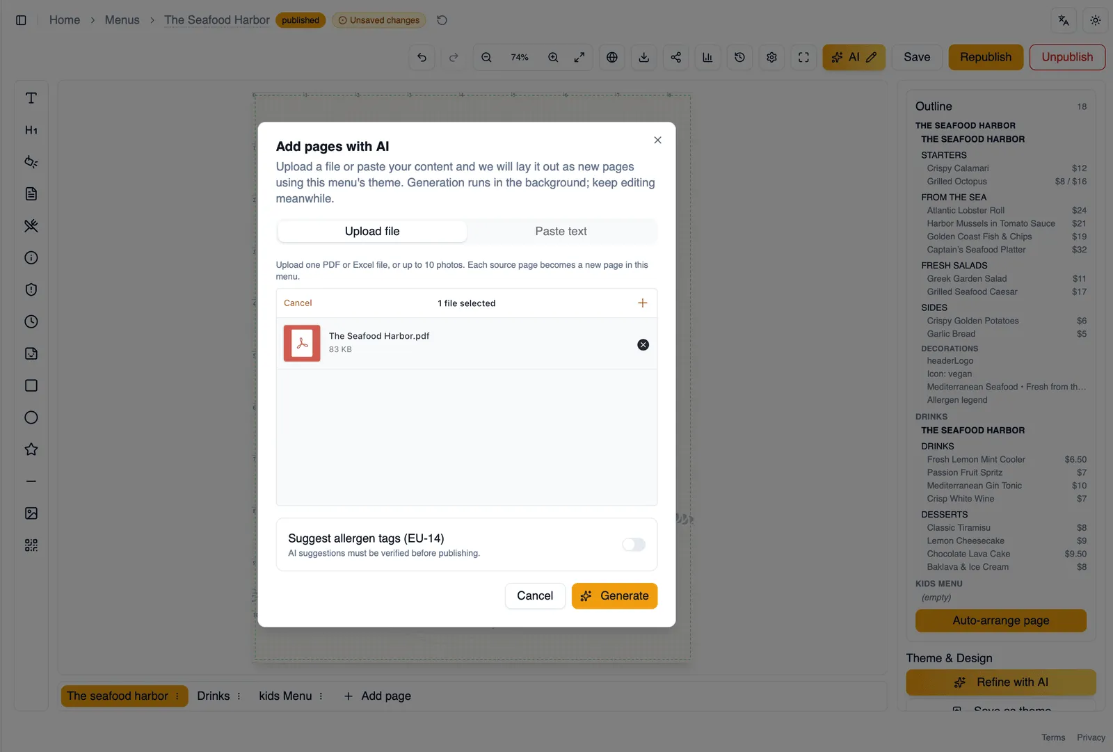 The Add pages with AI dialog with the file upload tab active