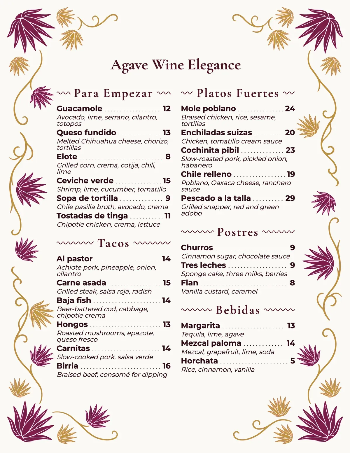 Agave Wine Elegance menu theme preview