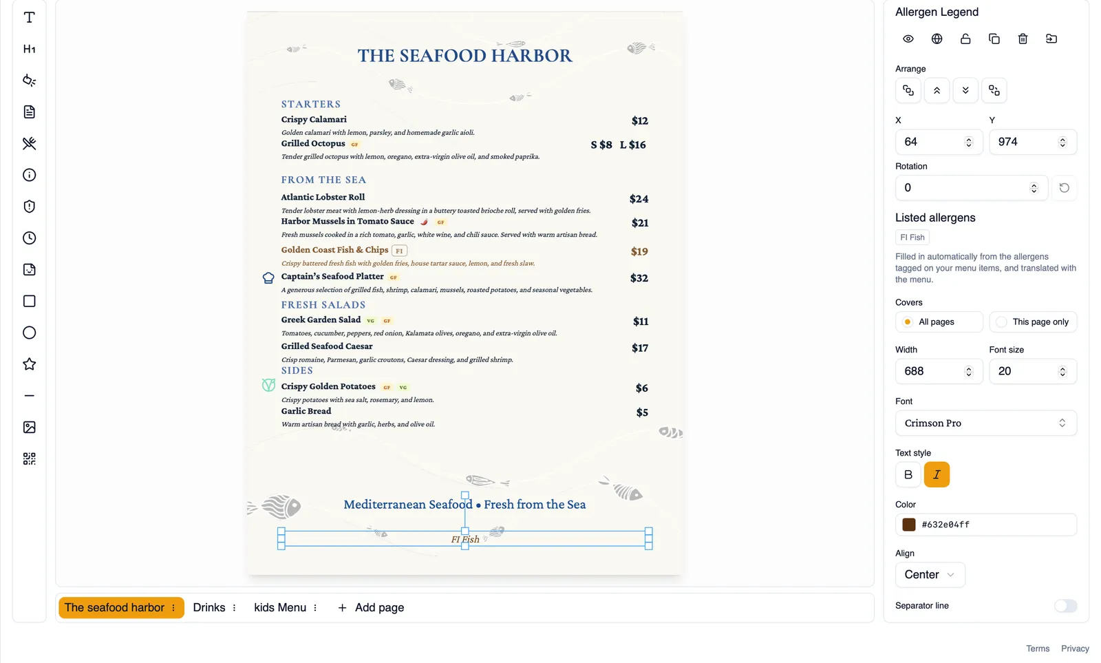 The allergen legend on a menu page
