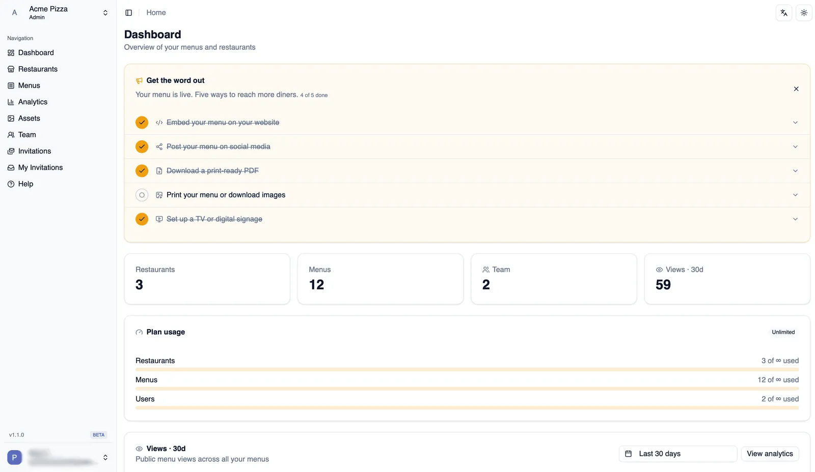 Menu Author dashboard with the sidebar open