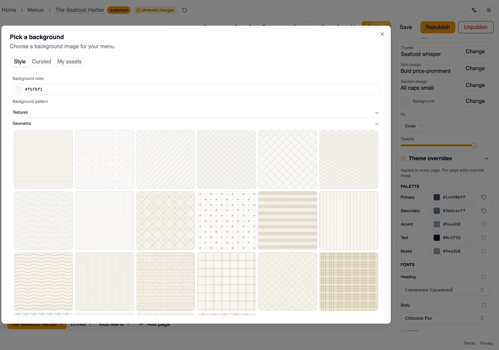 Pattern swatches on the Style tab