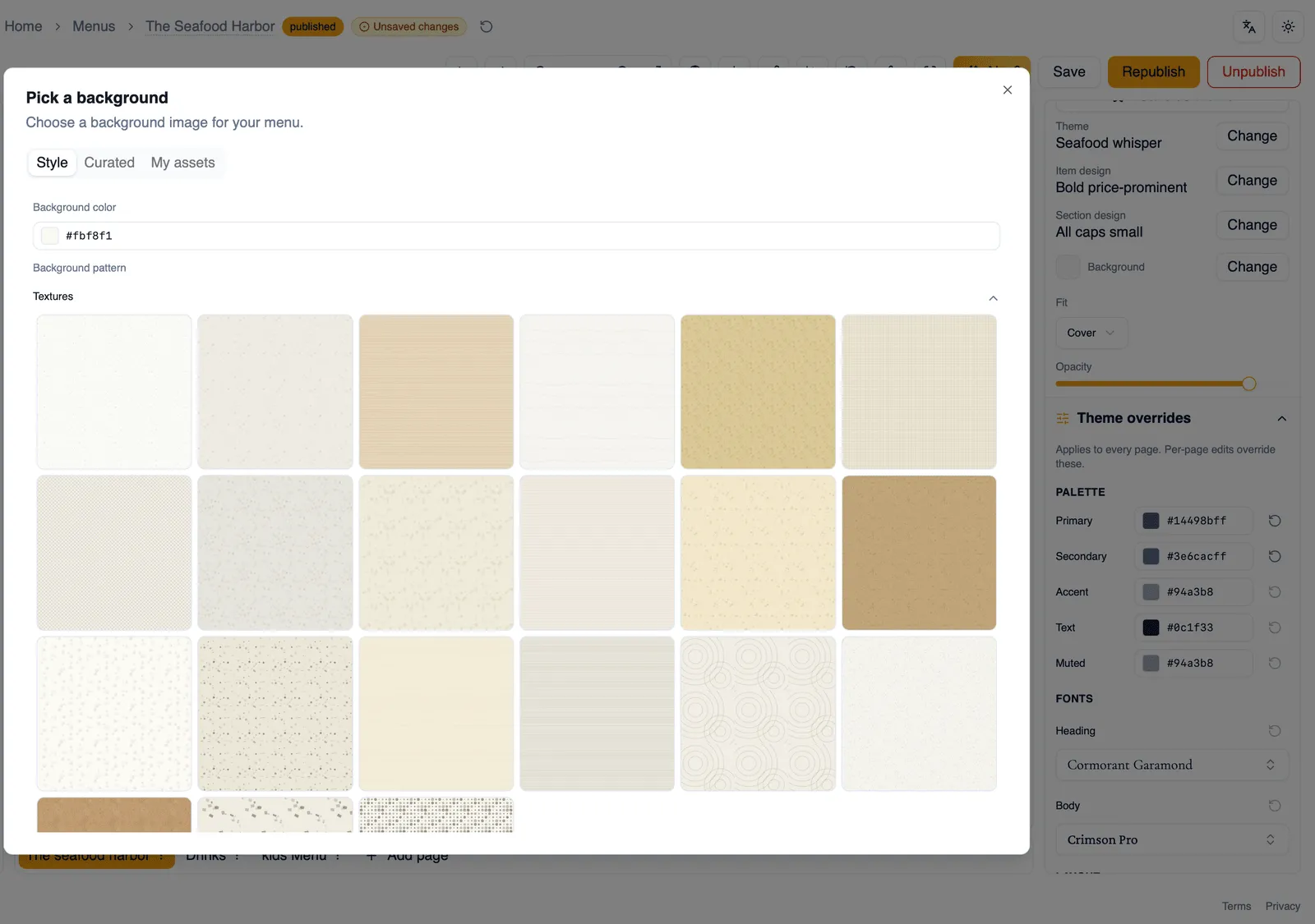 The background picker with Style, Curated, and My assets tabs