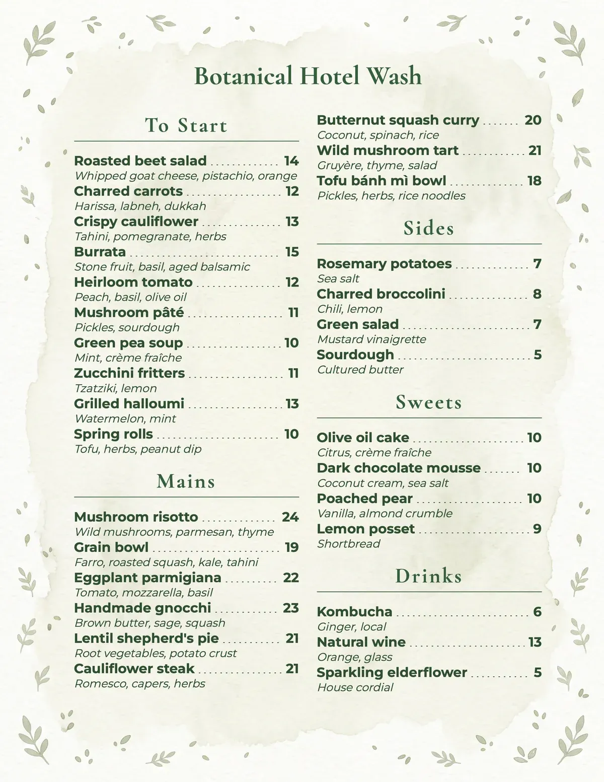 Botanical Hotel Wash menu theme preview