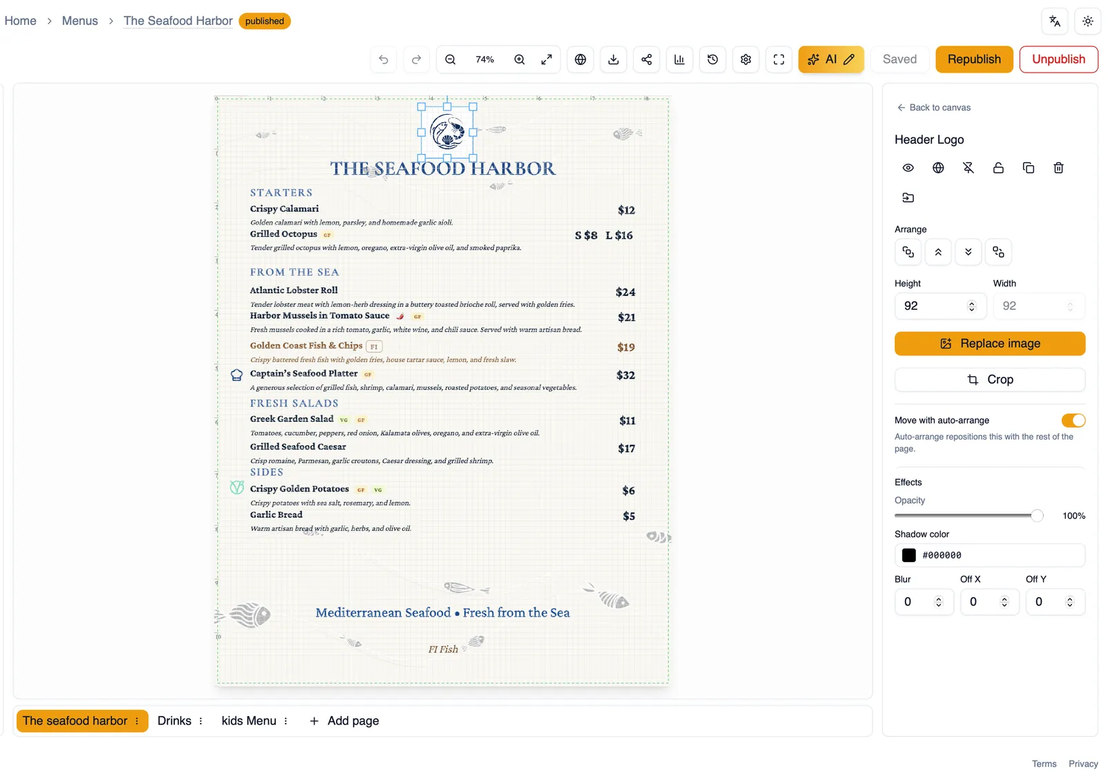 A brand logo block placed on the menu canvas