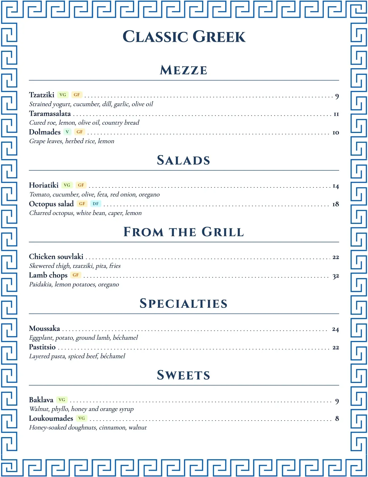 Classic Greek menu theme preview