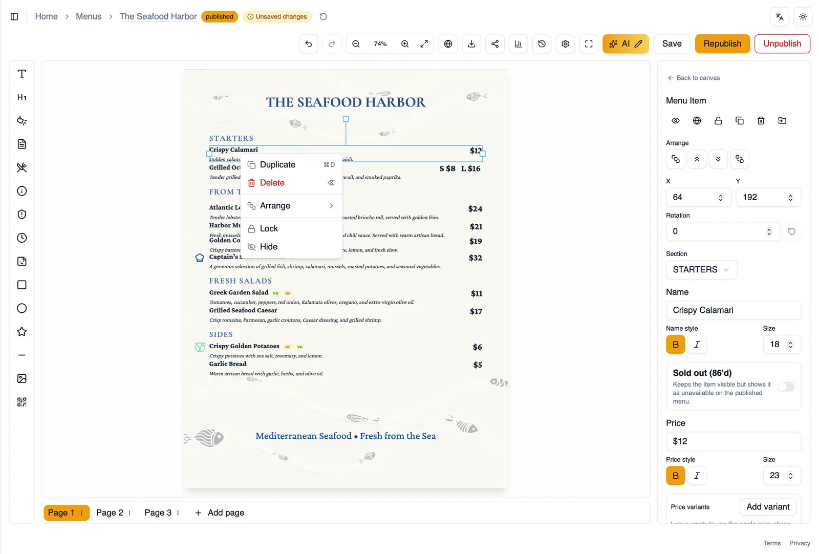 The right click context menu open on a selected element