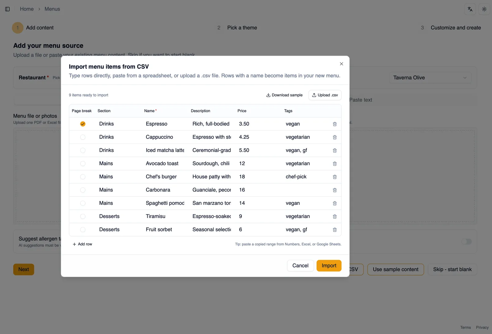 The CSV import dialog with a preview table of parsed rows
