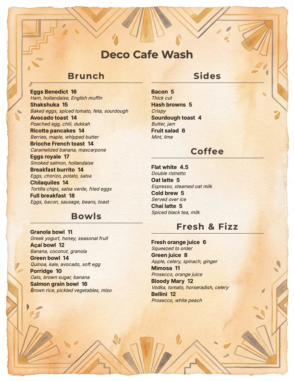 Deco Cafe Wash menu theme preview