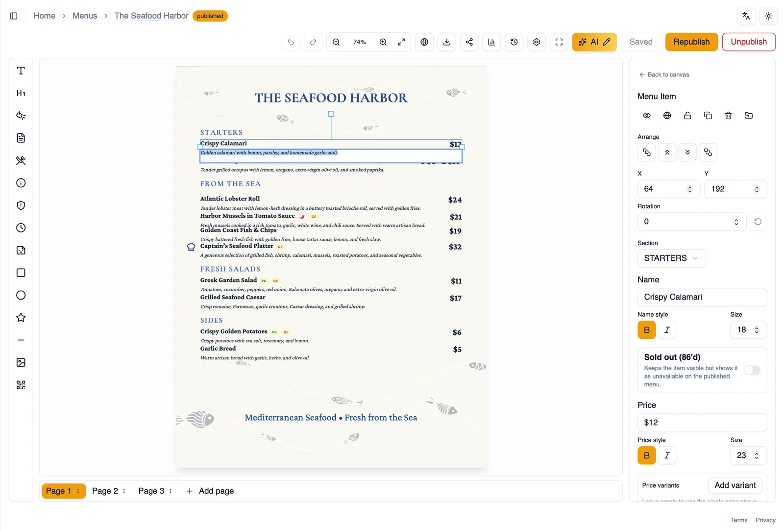 The Outline panel listing sections and elements on the current page