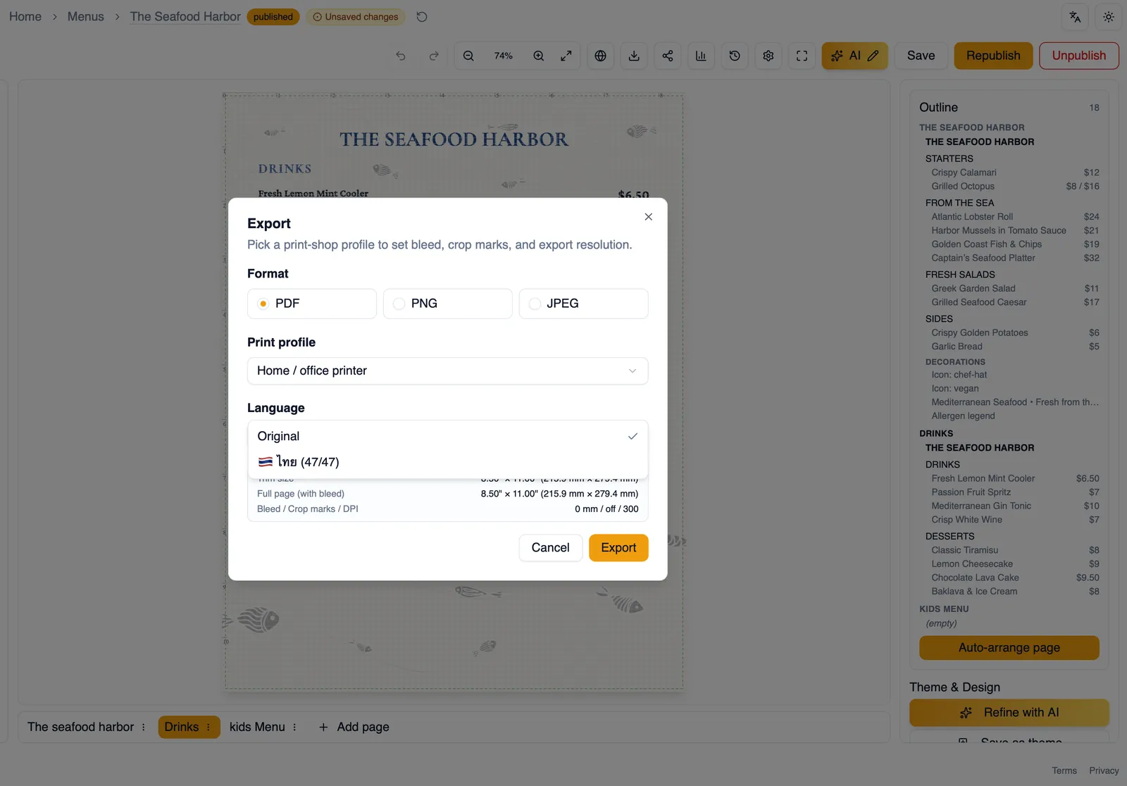 The Language dropdown in the Export dialog with a translation available