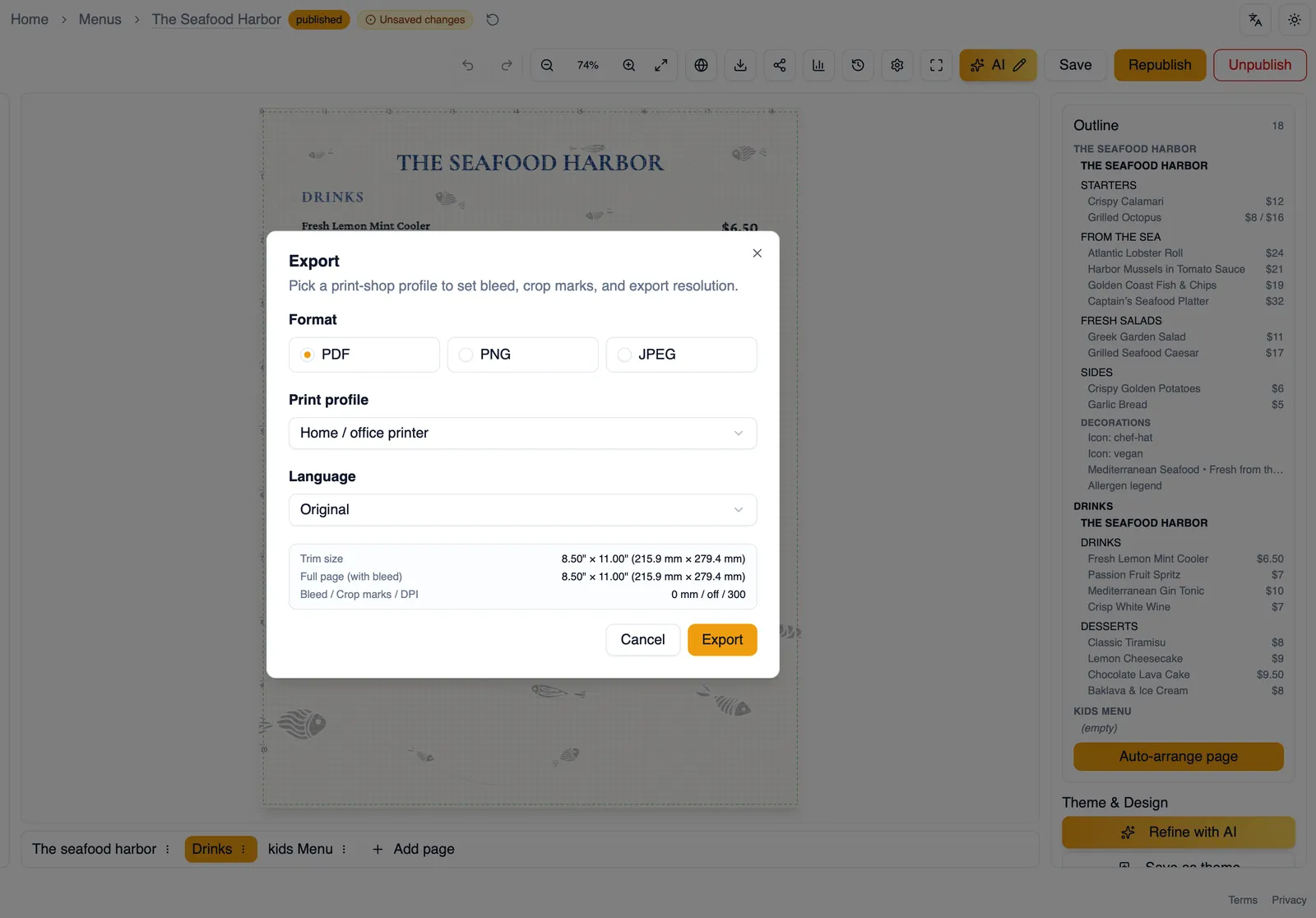 The Export dialog open on a menu
