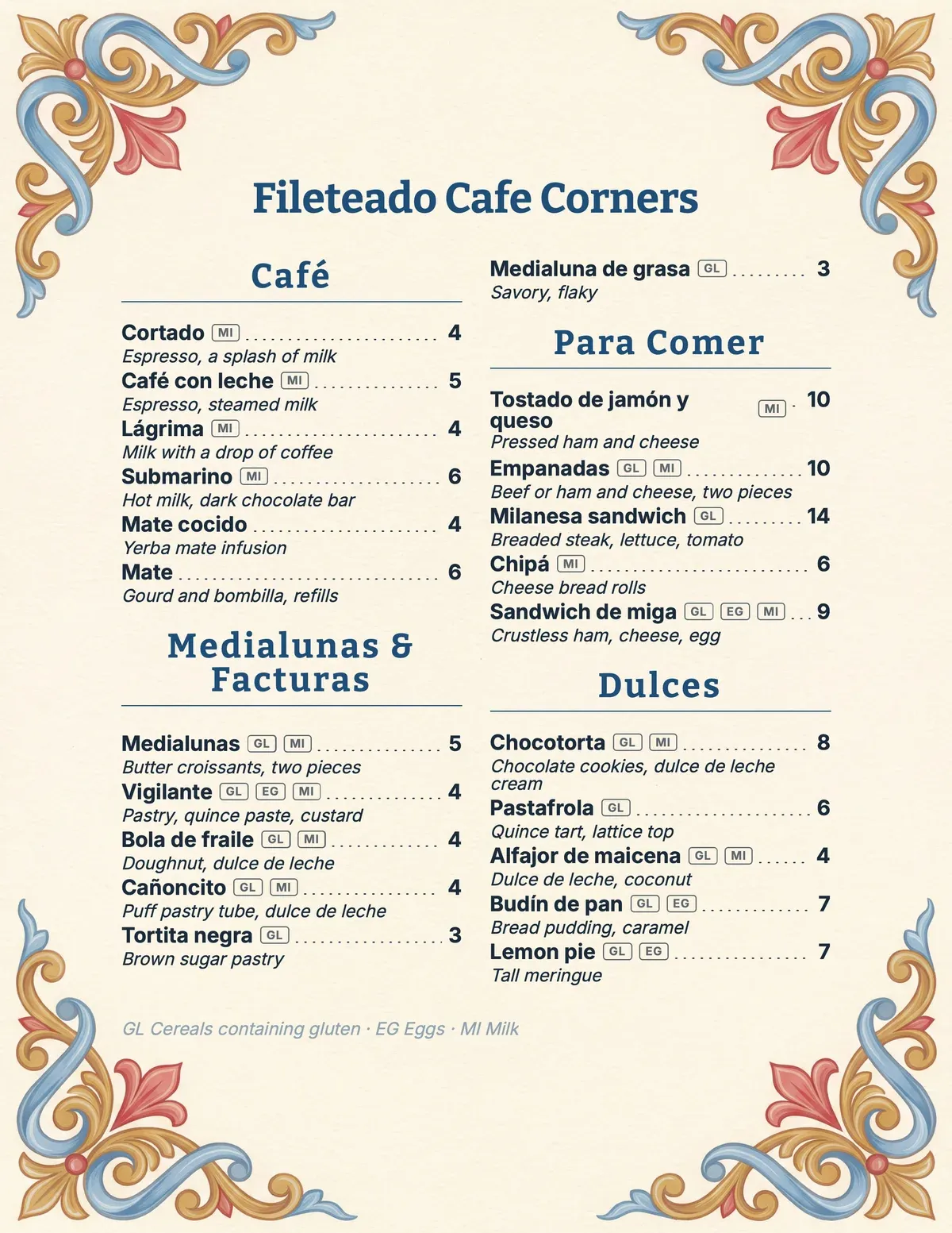 Fileteado Cafe Corners menu theme preview