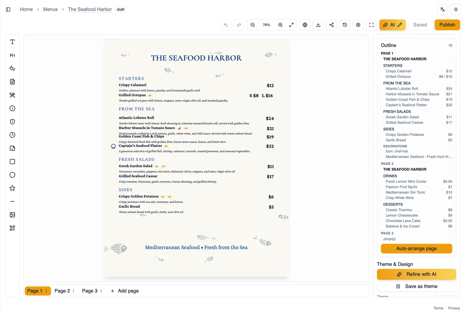 A generated menu draft ready to publish in the editor
