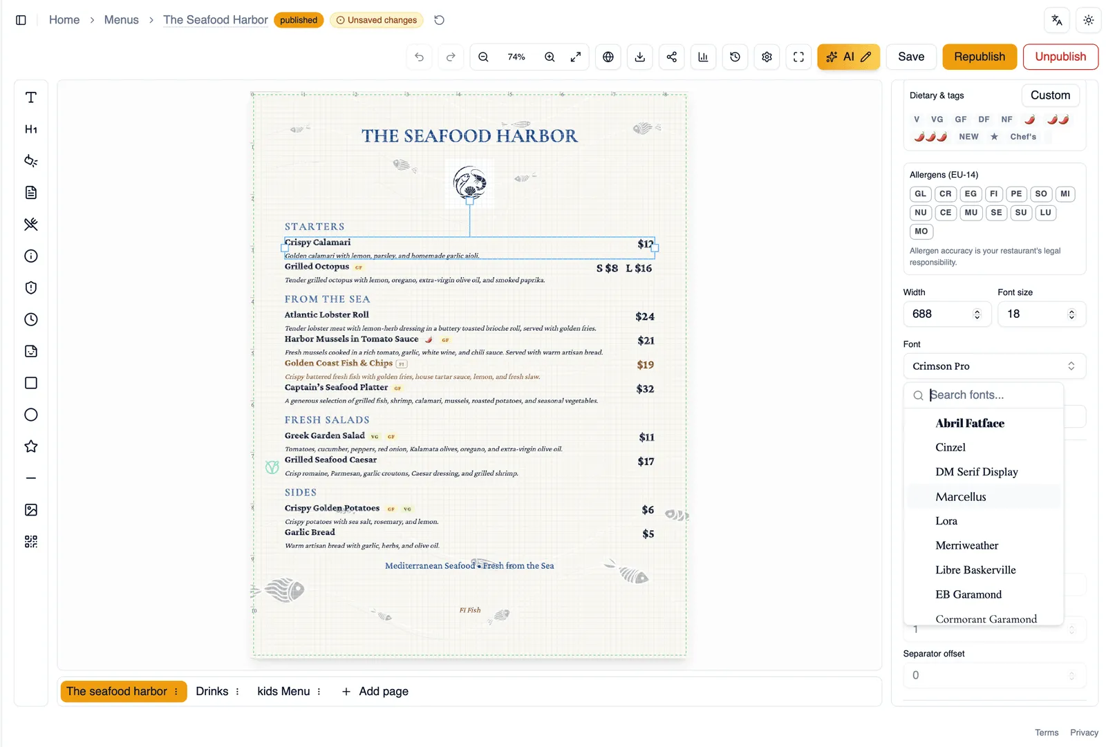 The font picker on a selected text element