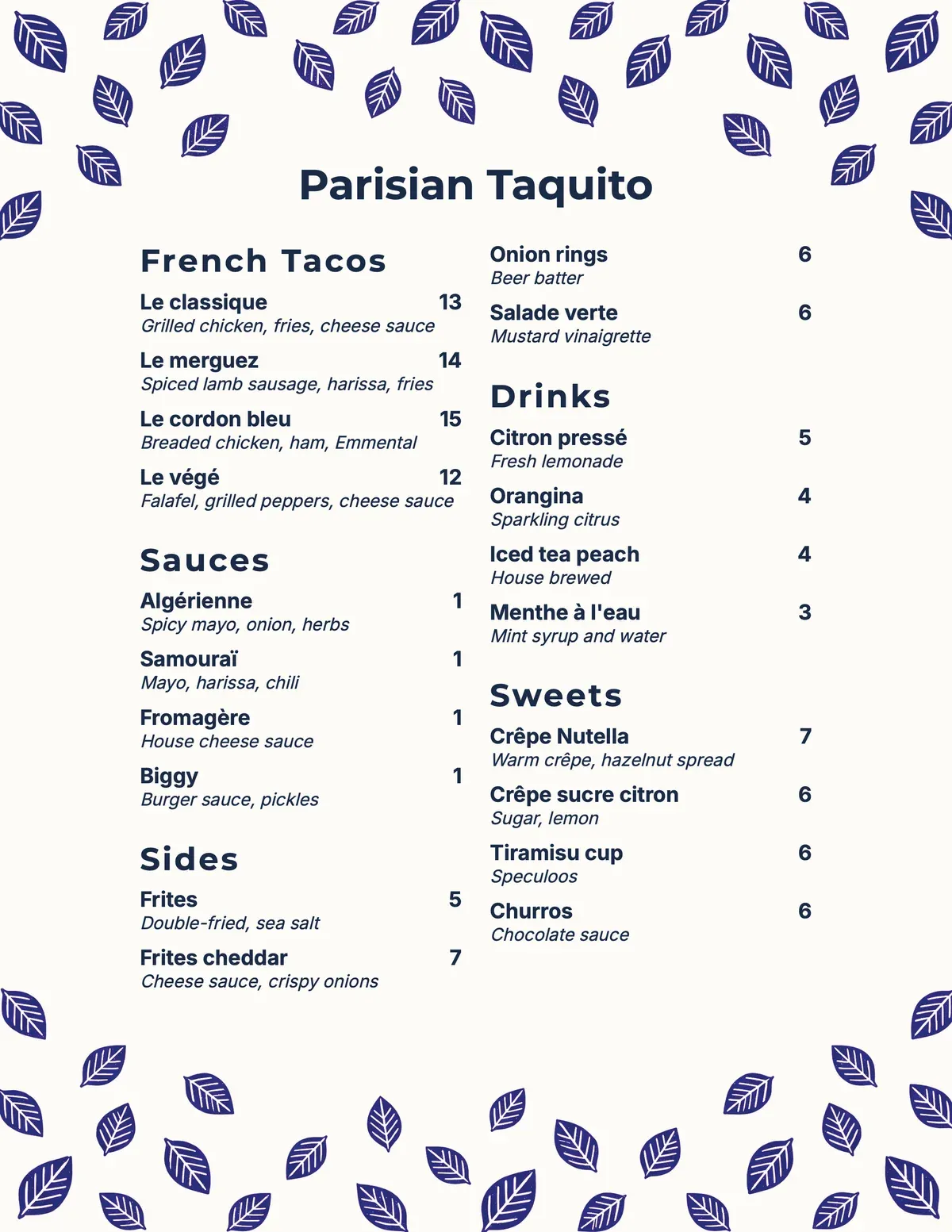 Parisian Taquito menu theme preview