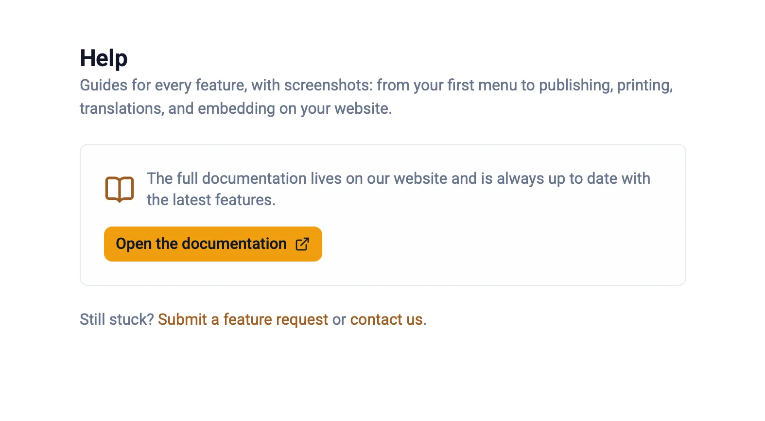 The in-app Help page with a button that opens the documentation