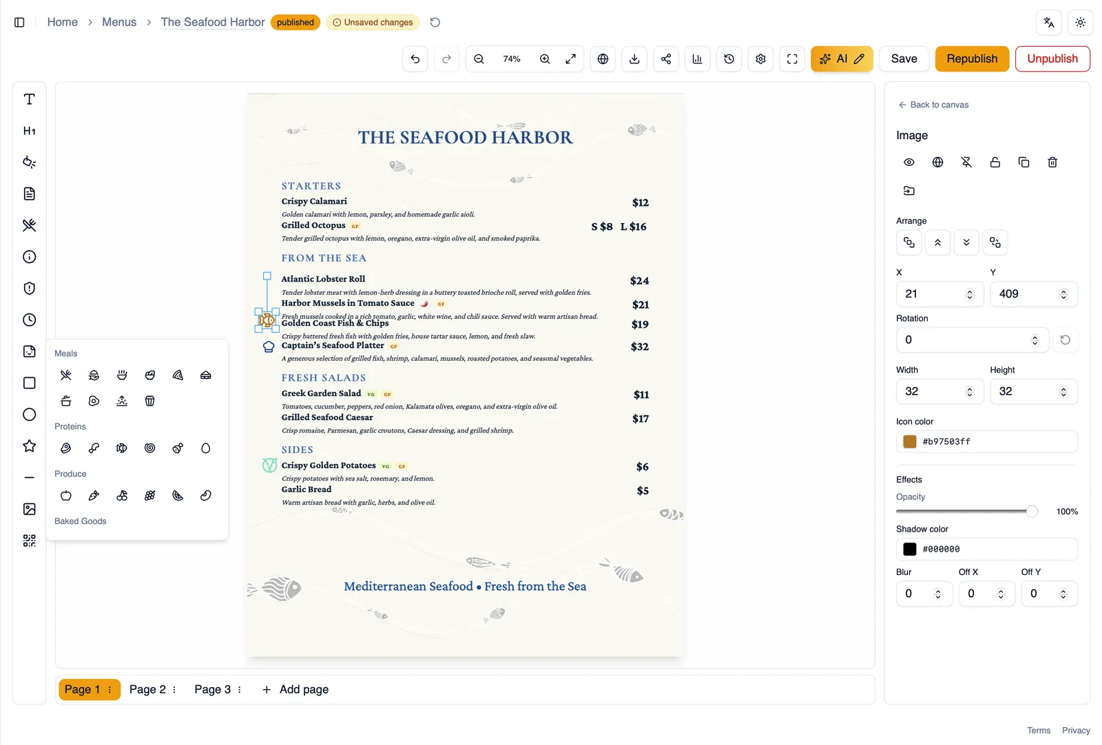 The menu icon picker showing icon categories