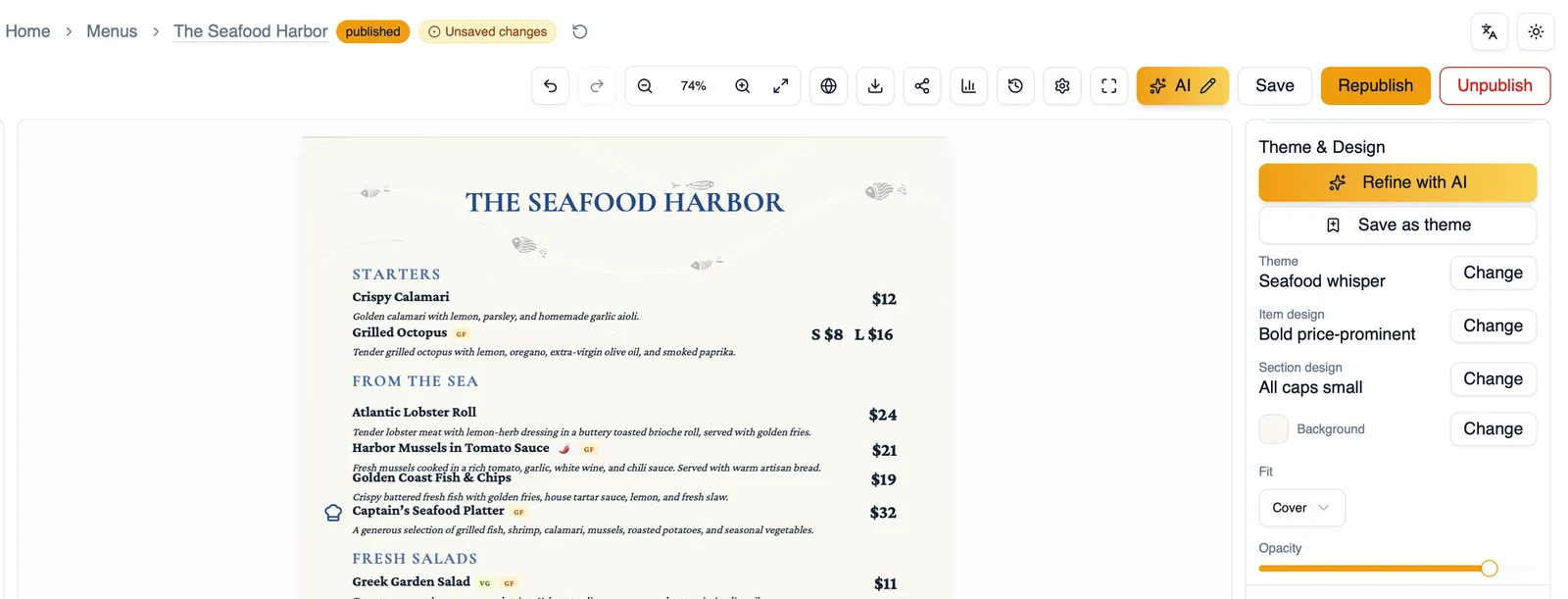 The Theme and Design panel with Change buttons for theme, item design, section design, and background