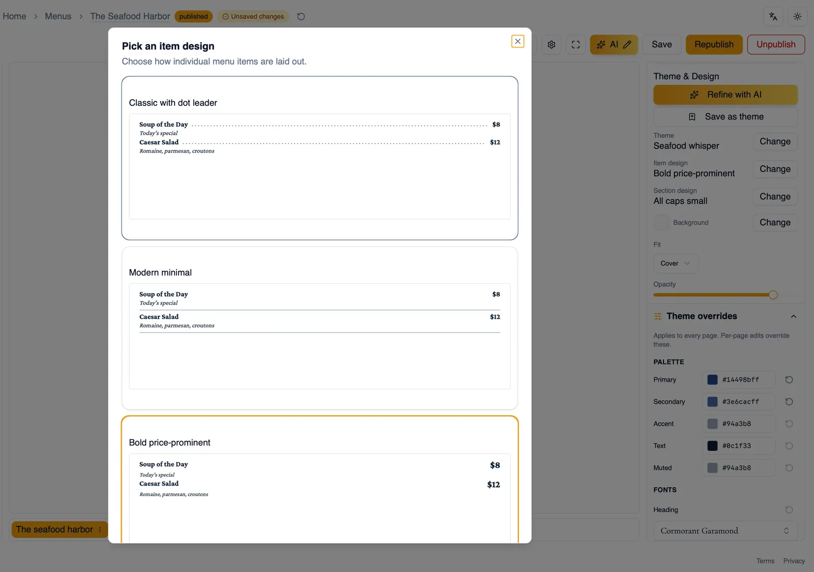 The item design picker showing several design thumbnails