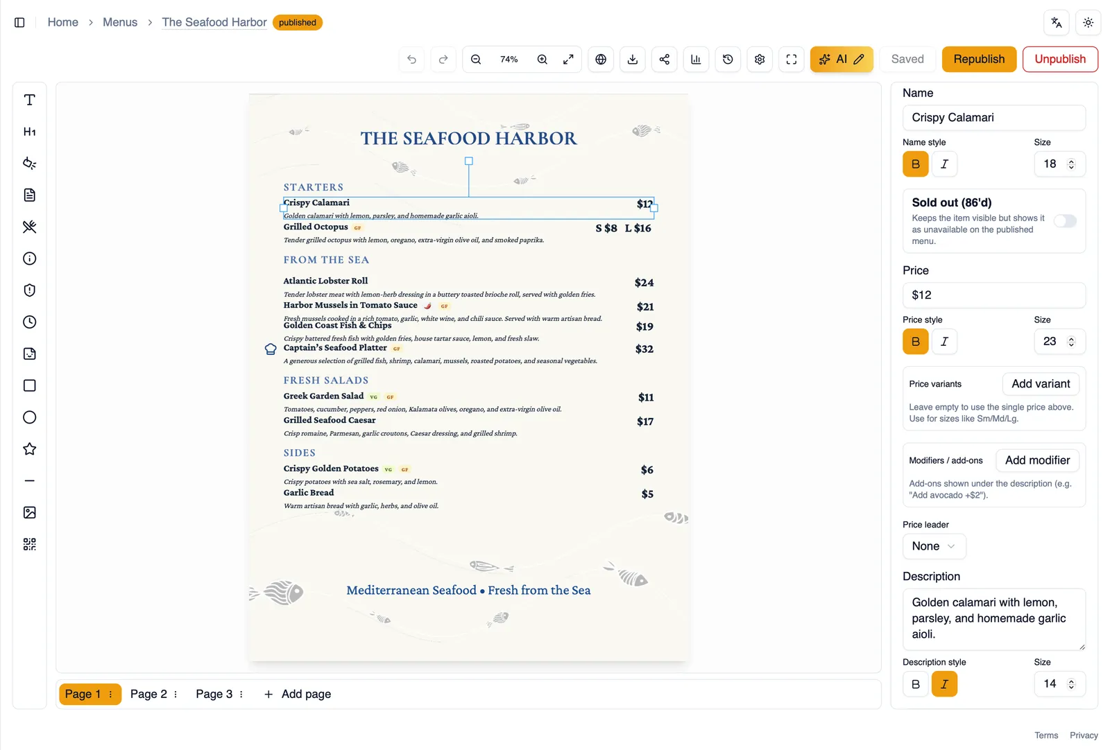 The property panel for a selected menu item