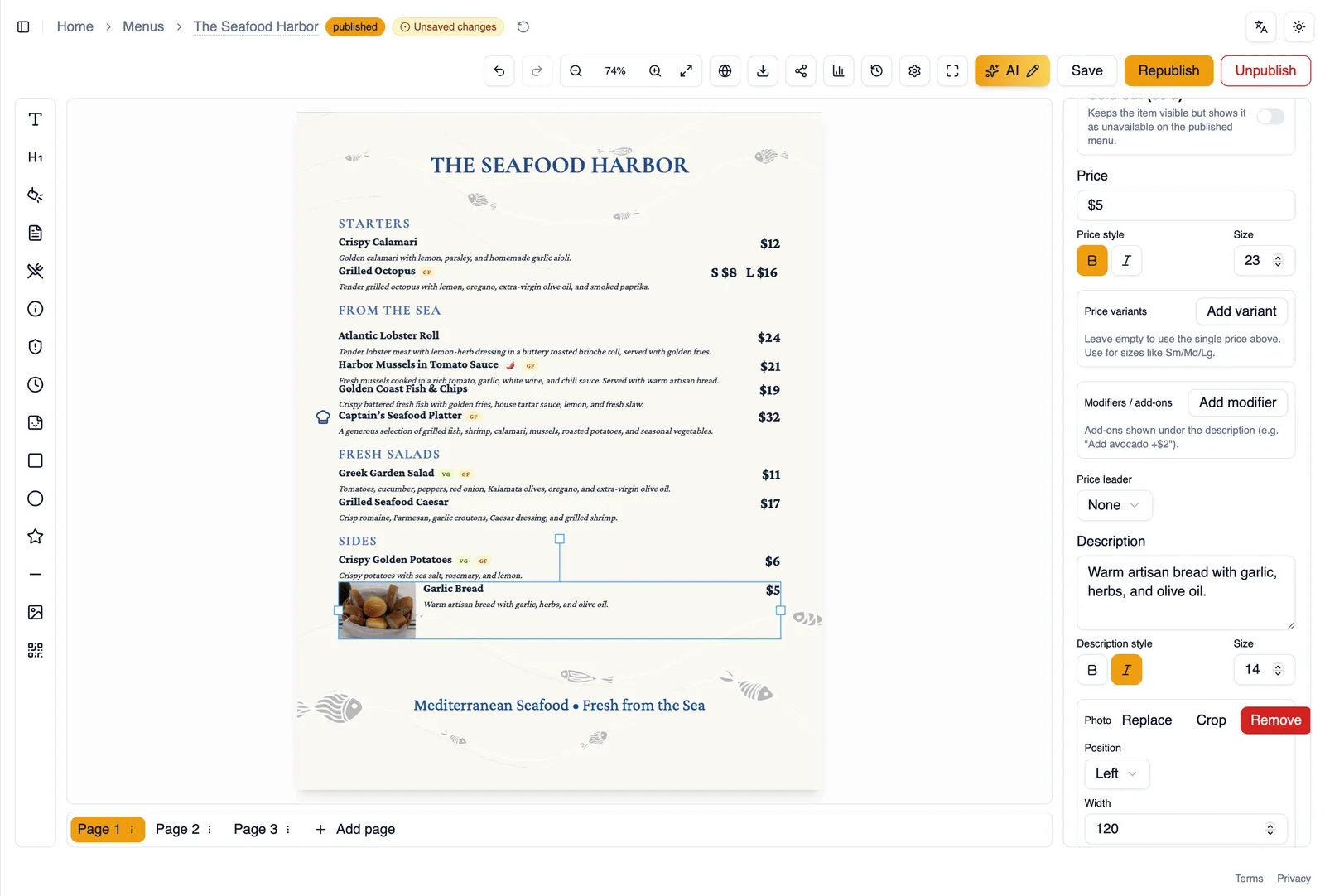 The photo controls for a menu item
