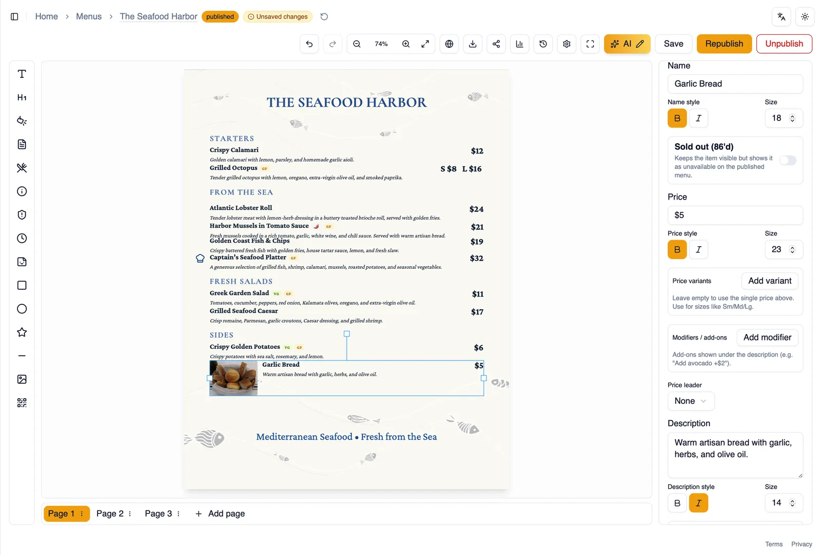 A menu item with a photo positioned beside the text