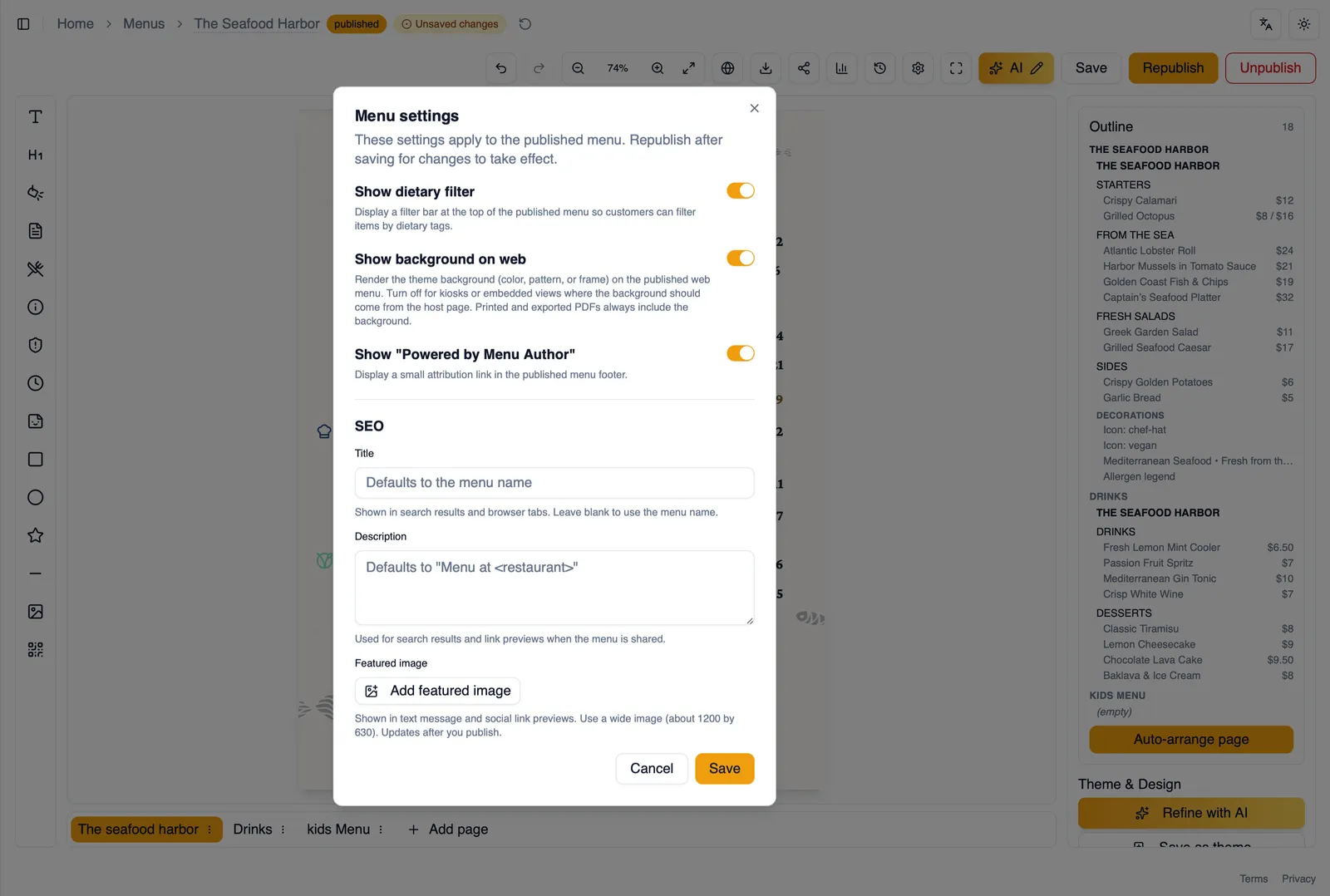 Menu settings with SEO and sharing options