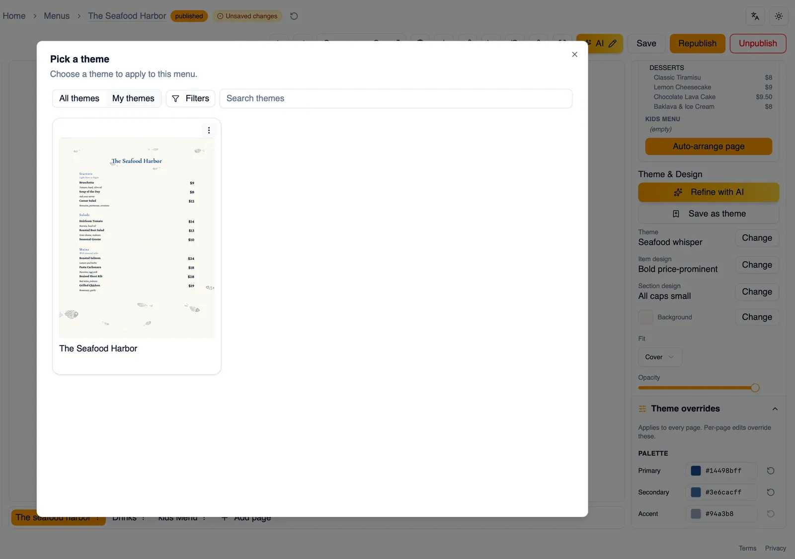 The My themes tab showing a saved theme