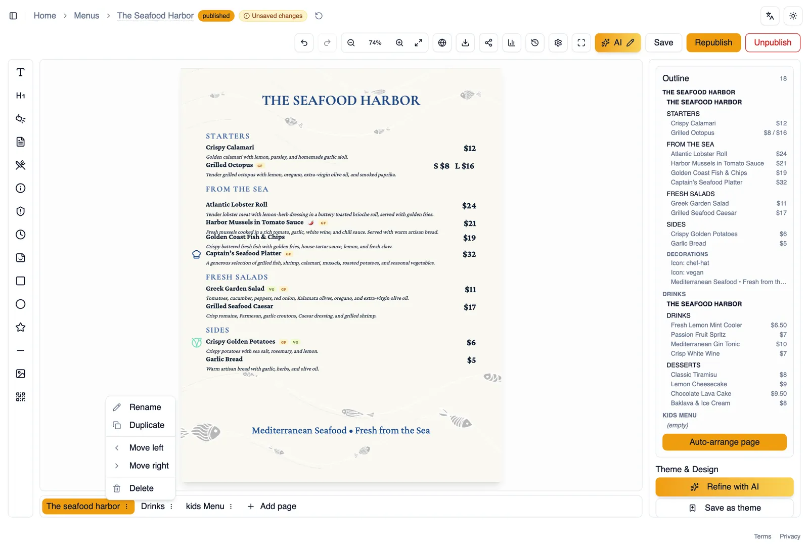 The row of page tabs below the canvas