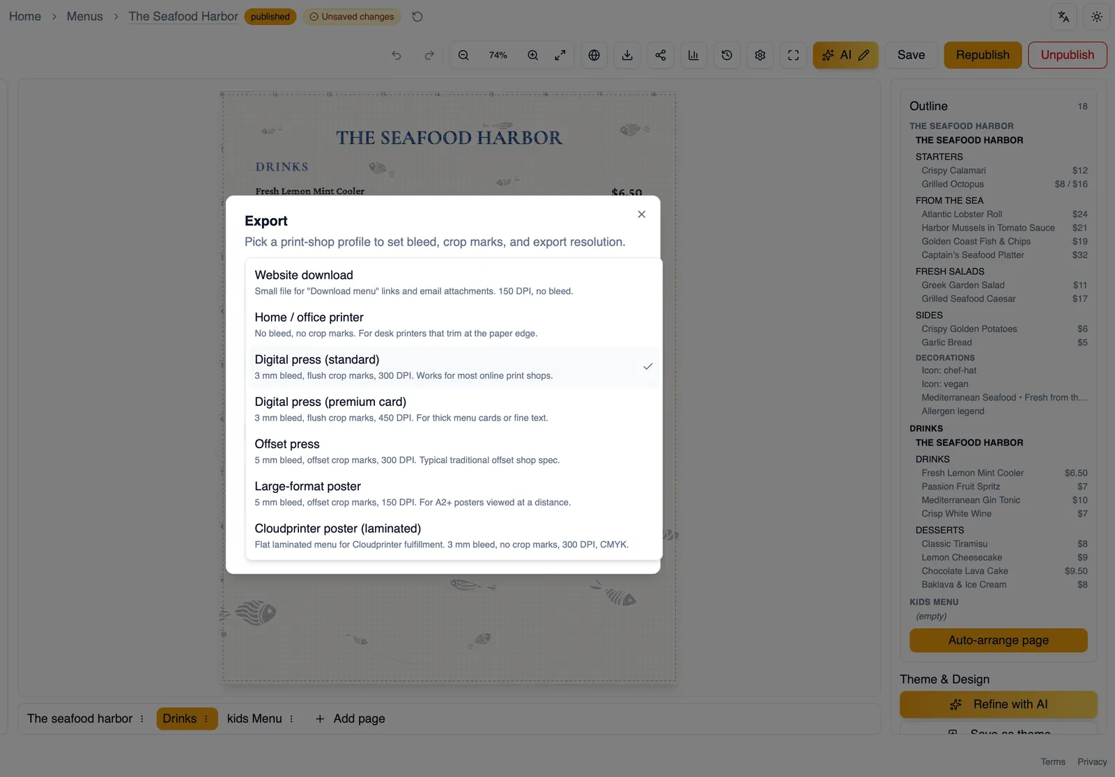 The print profile dropdown open in the Export dialog