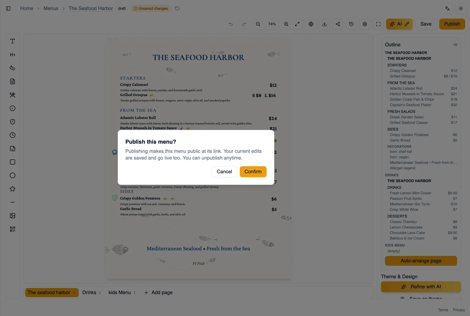 The publish confirmation dialog