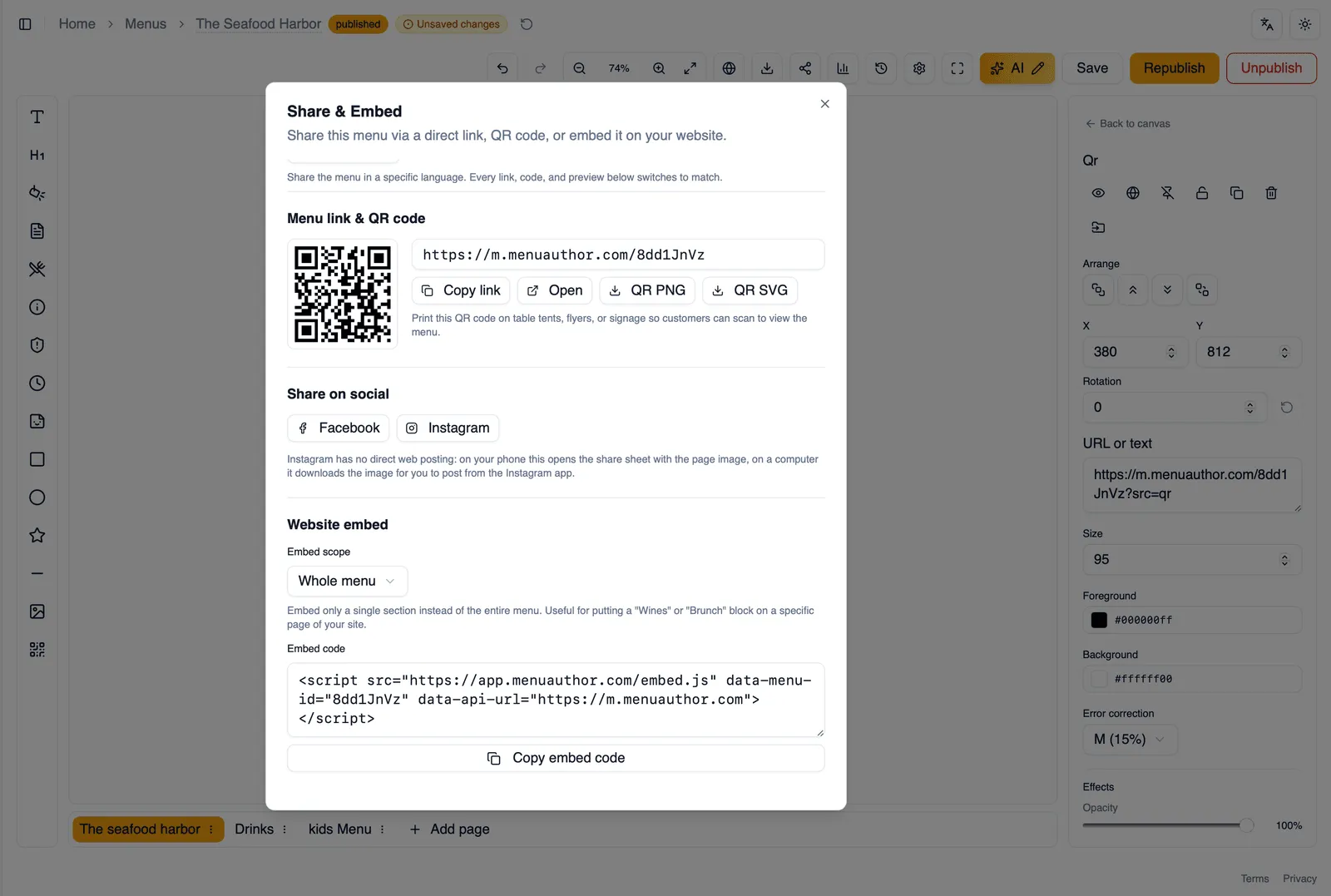 The QR code section of the Share & Embed dialog