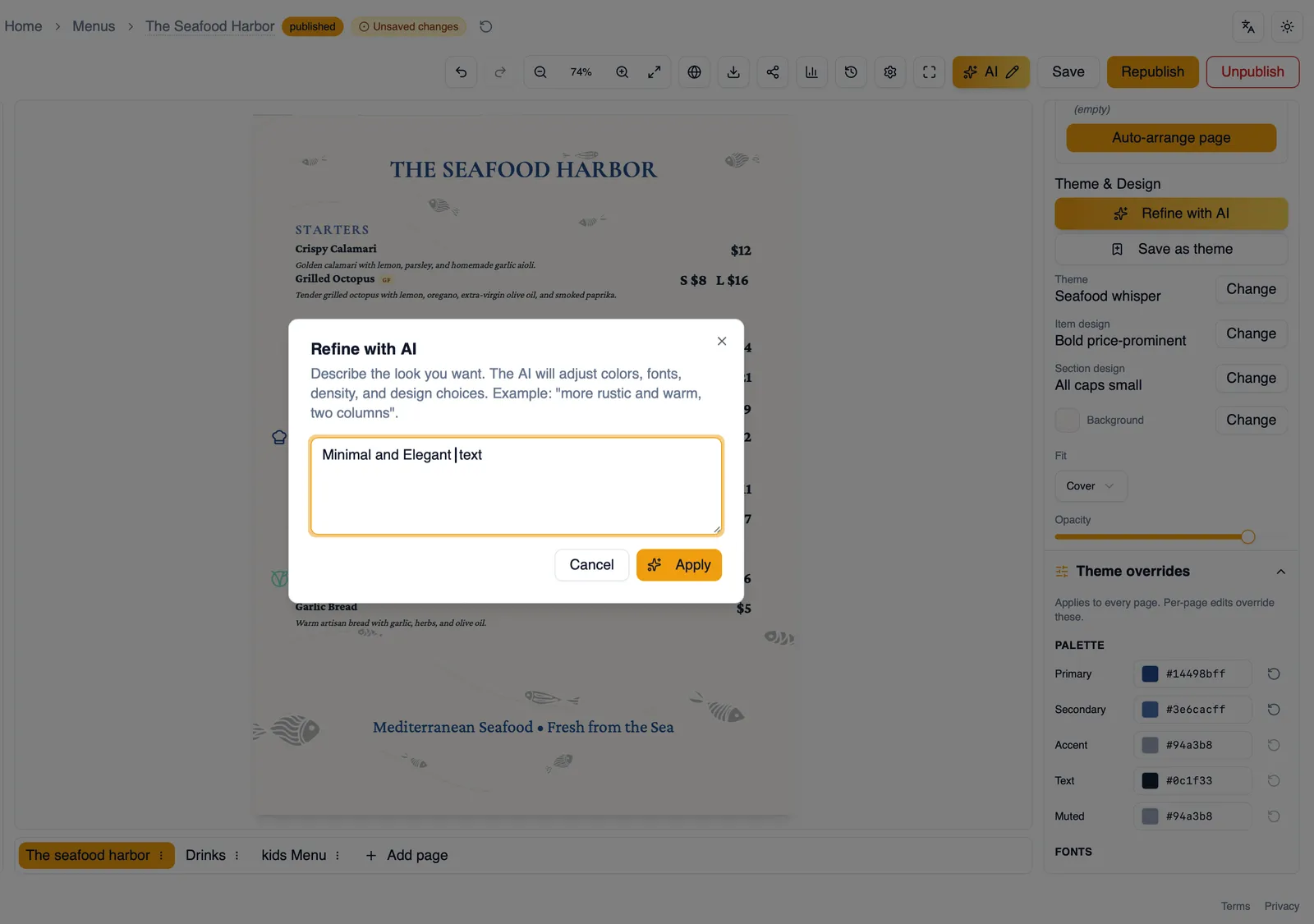 The Refine with AI prompt box with a live preview of the change