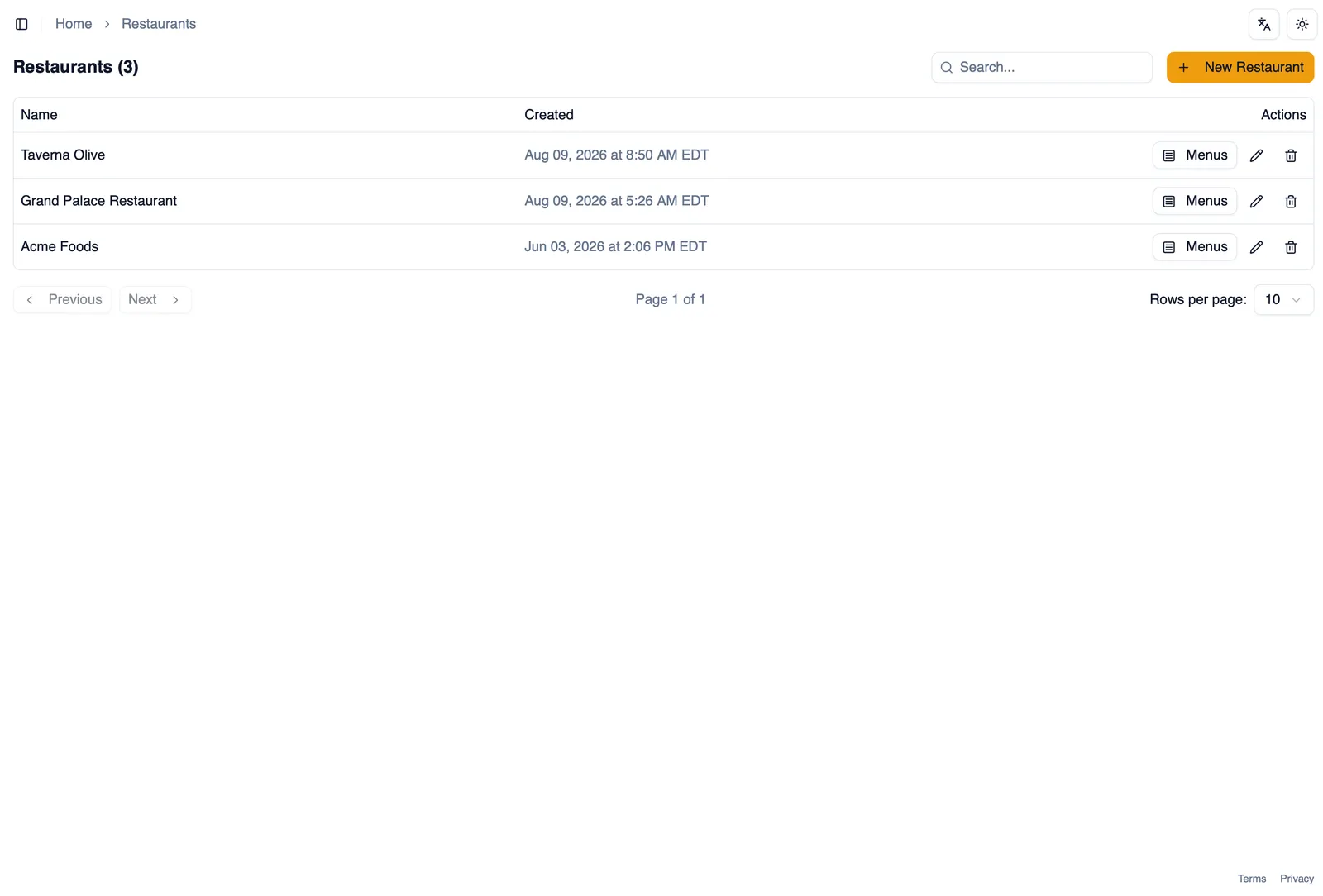 The Restaurants page listing multiple restaurants