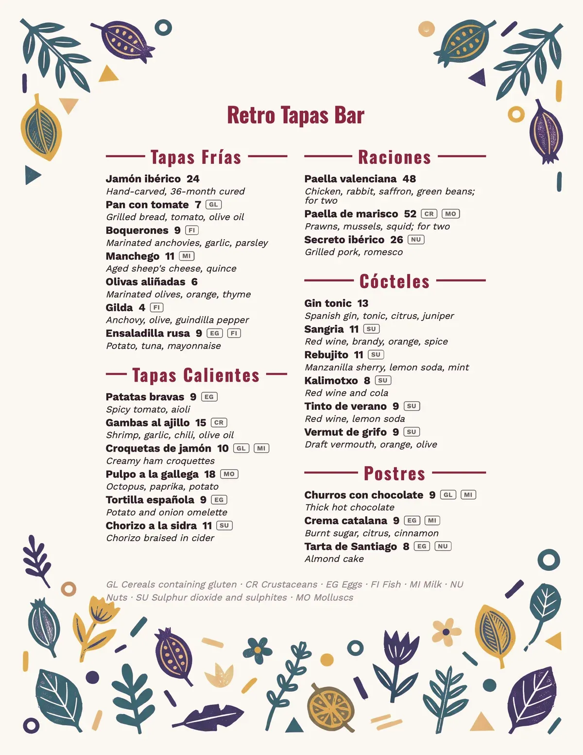 Retro Tapas Bar menu theme preview