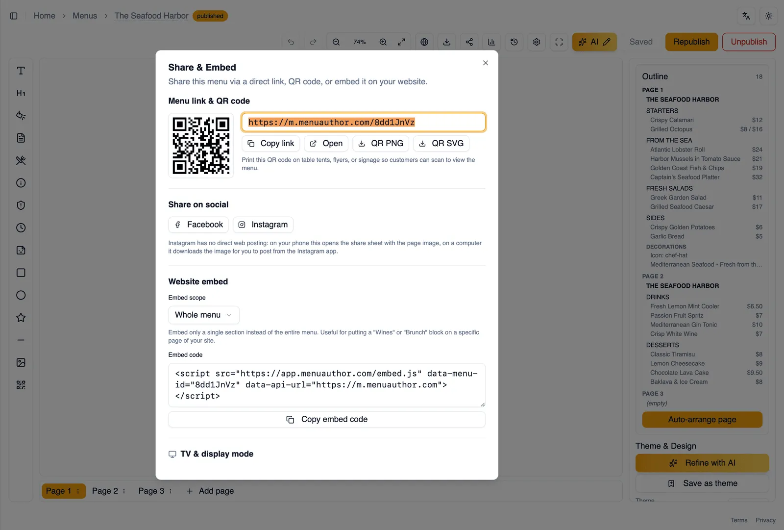 The QR code ready to download from Share & Embed