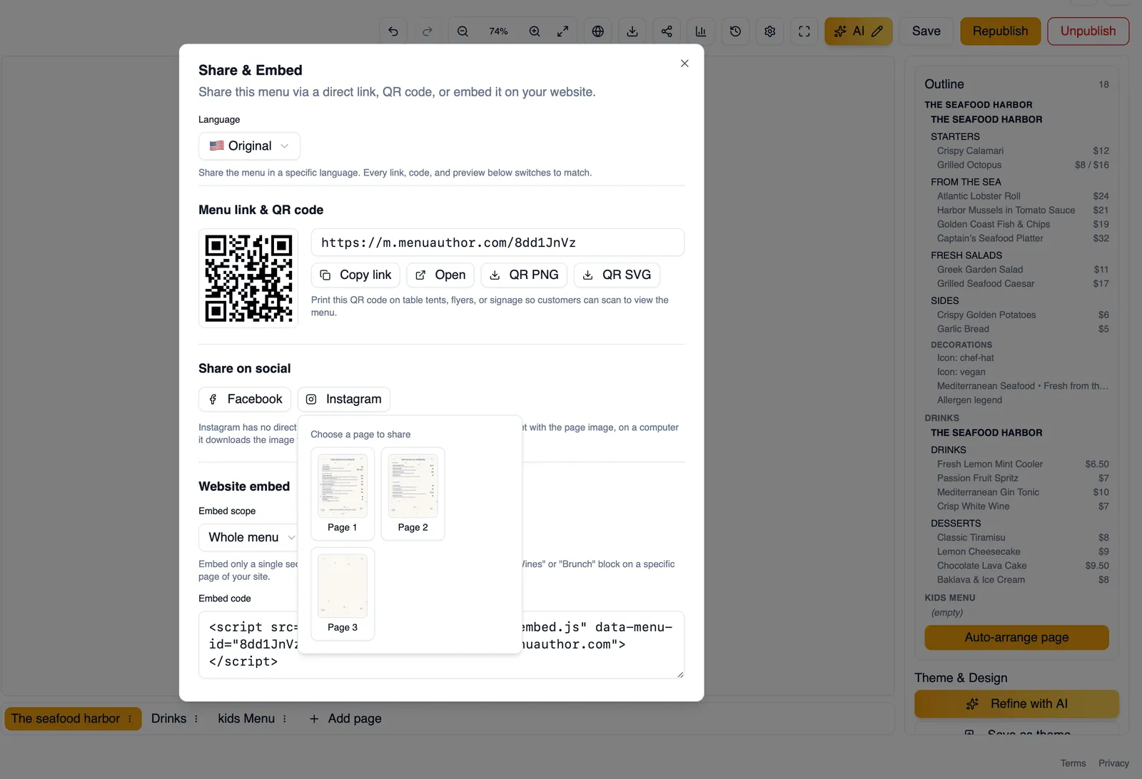 The social sharing options in Share & Embed