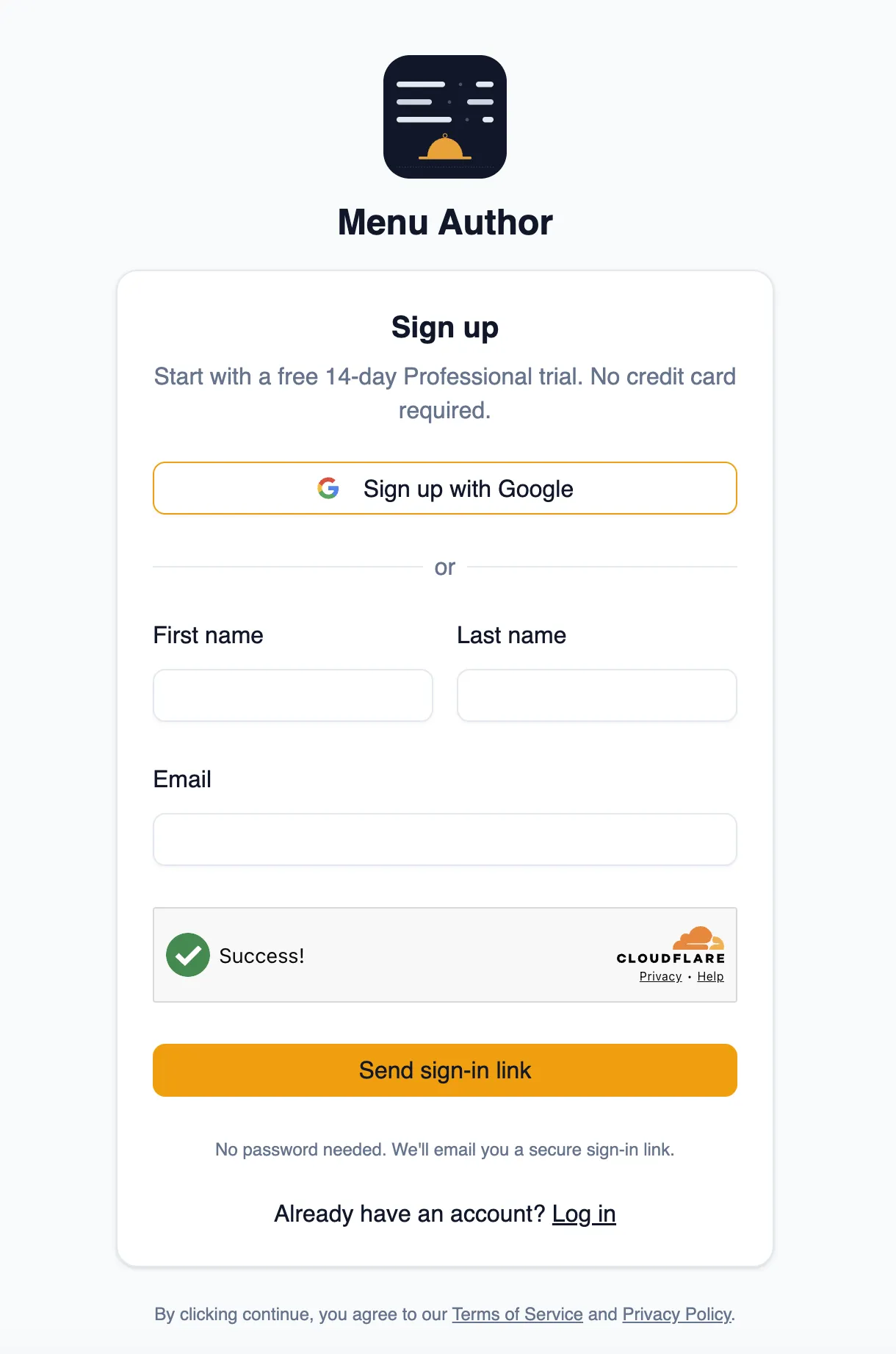 The screen where you sign up