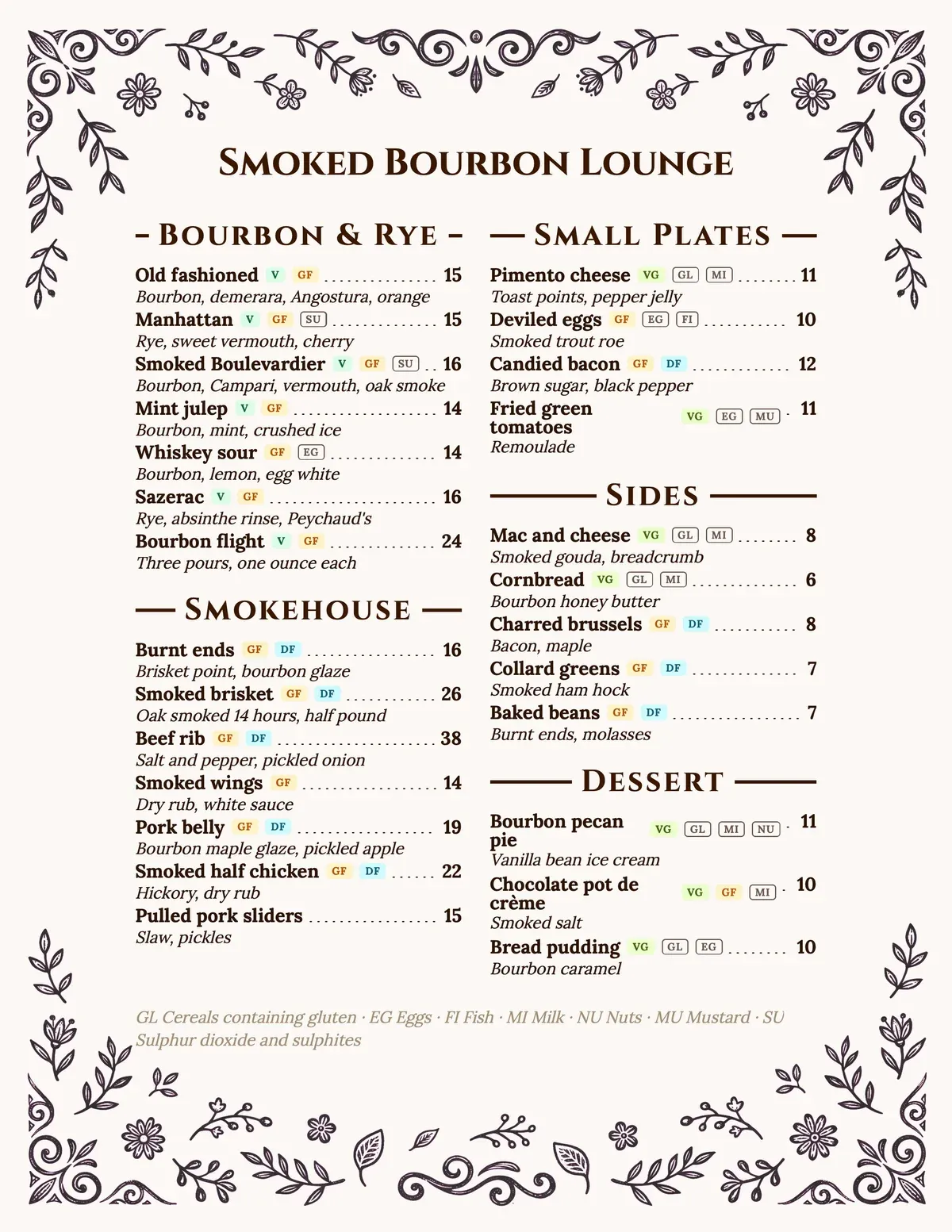 Smoked Bourbon Lounge menu theme preview