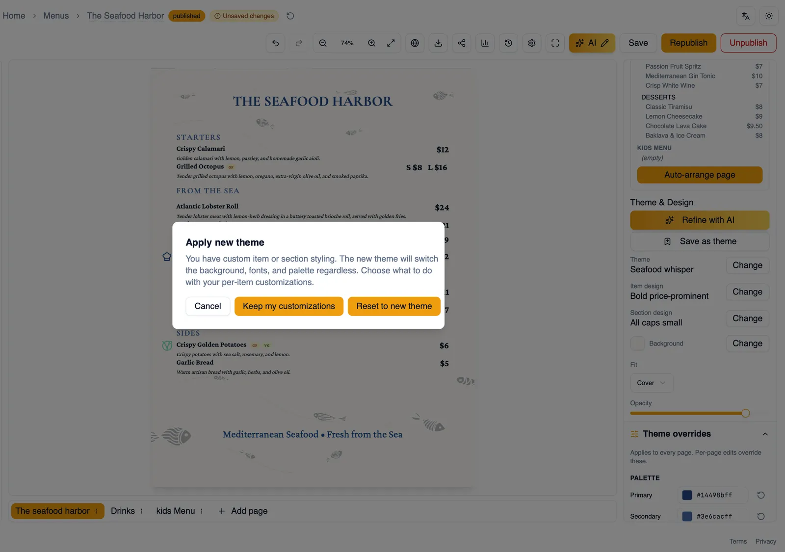 The theme apply dialog with Keep my customizations and Reset to new theme options