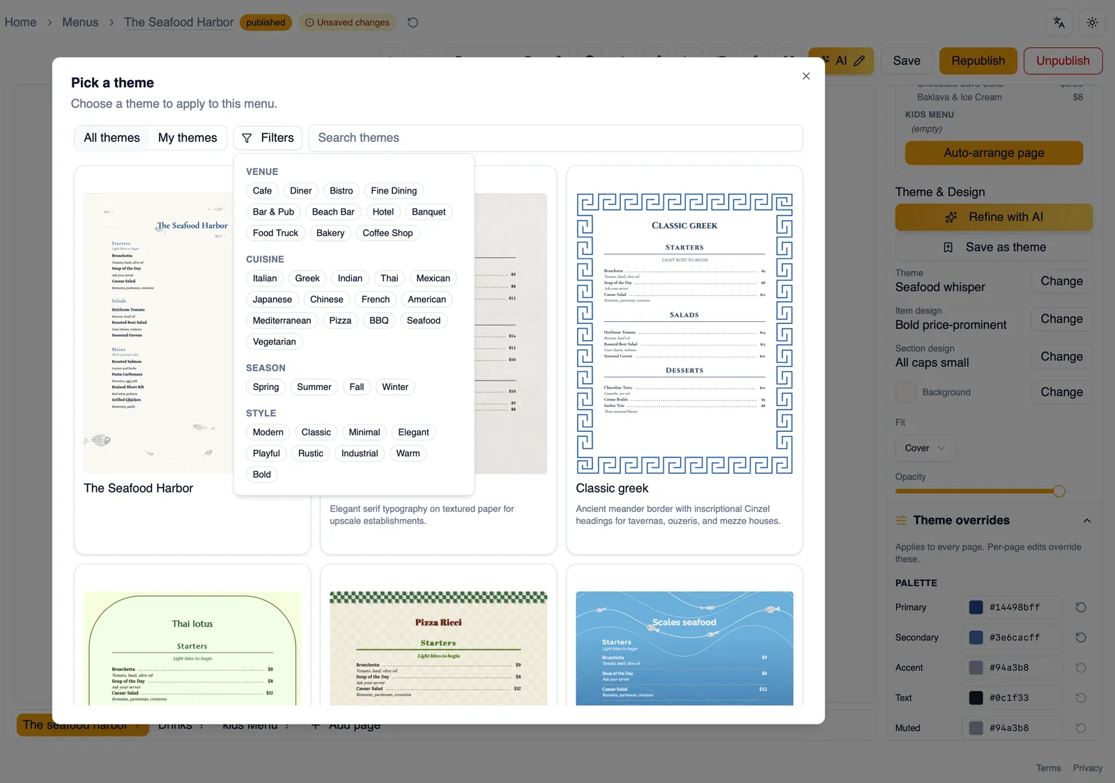 The theme catalog with search and filters