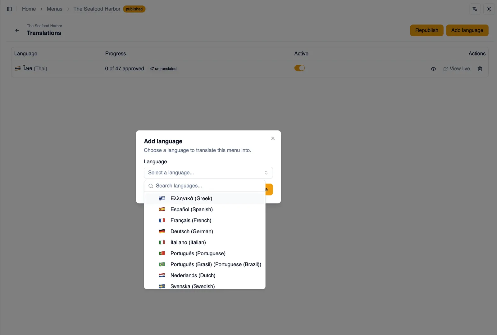The Add language dialog listing supported languages