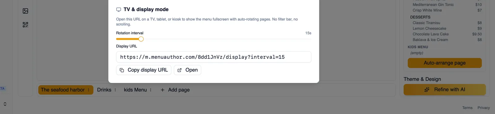 The TV and display mode settings in Share & Embed
