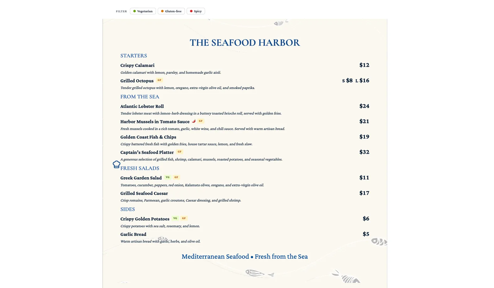 A menu shown on the TV and kiosk display