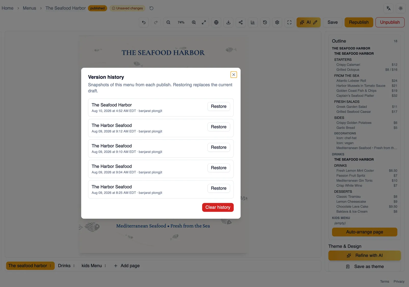 The version history panel listing earlier saved versions