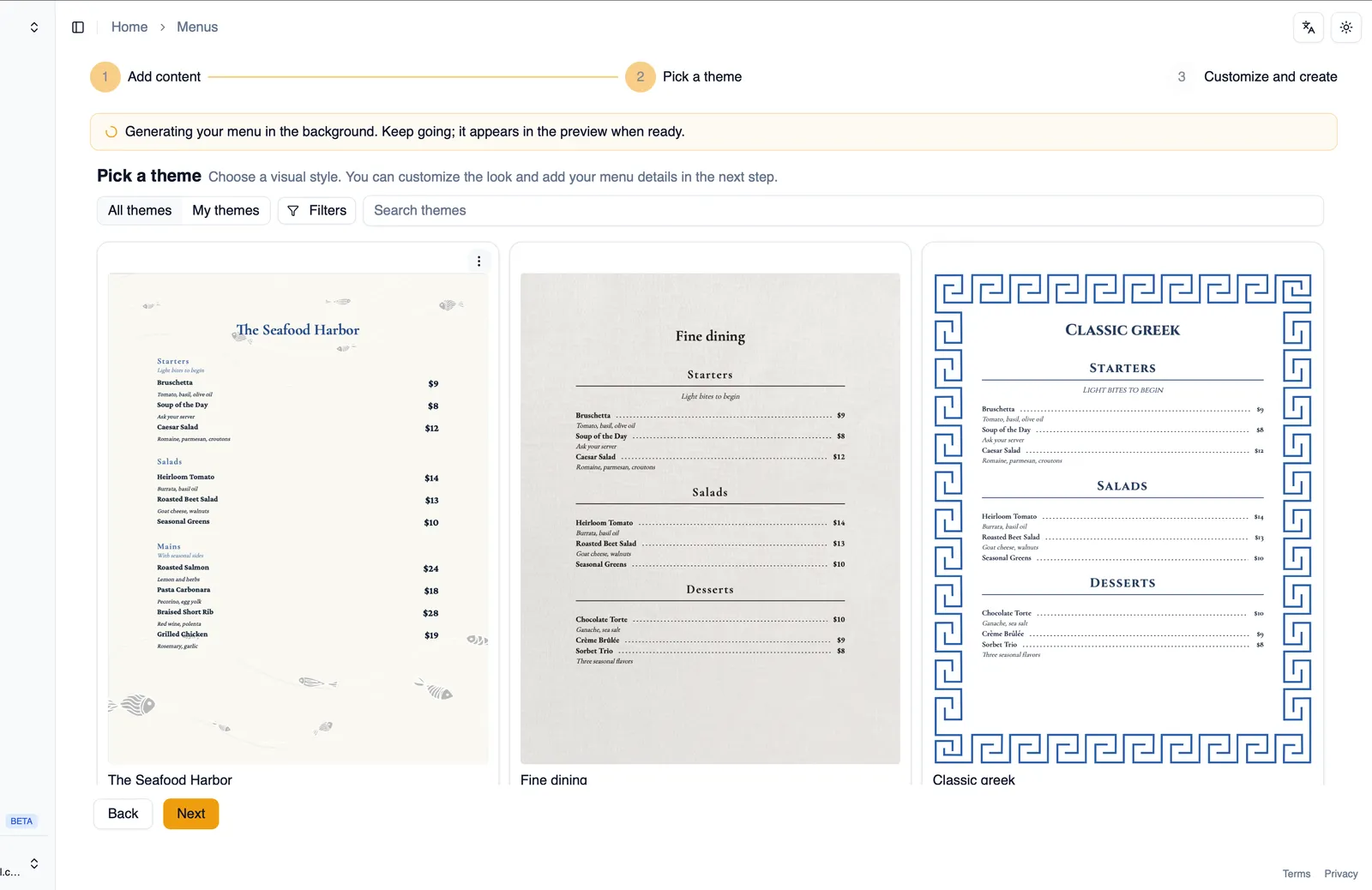 Menu generation in progress with elapsed time shown