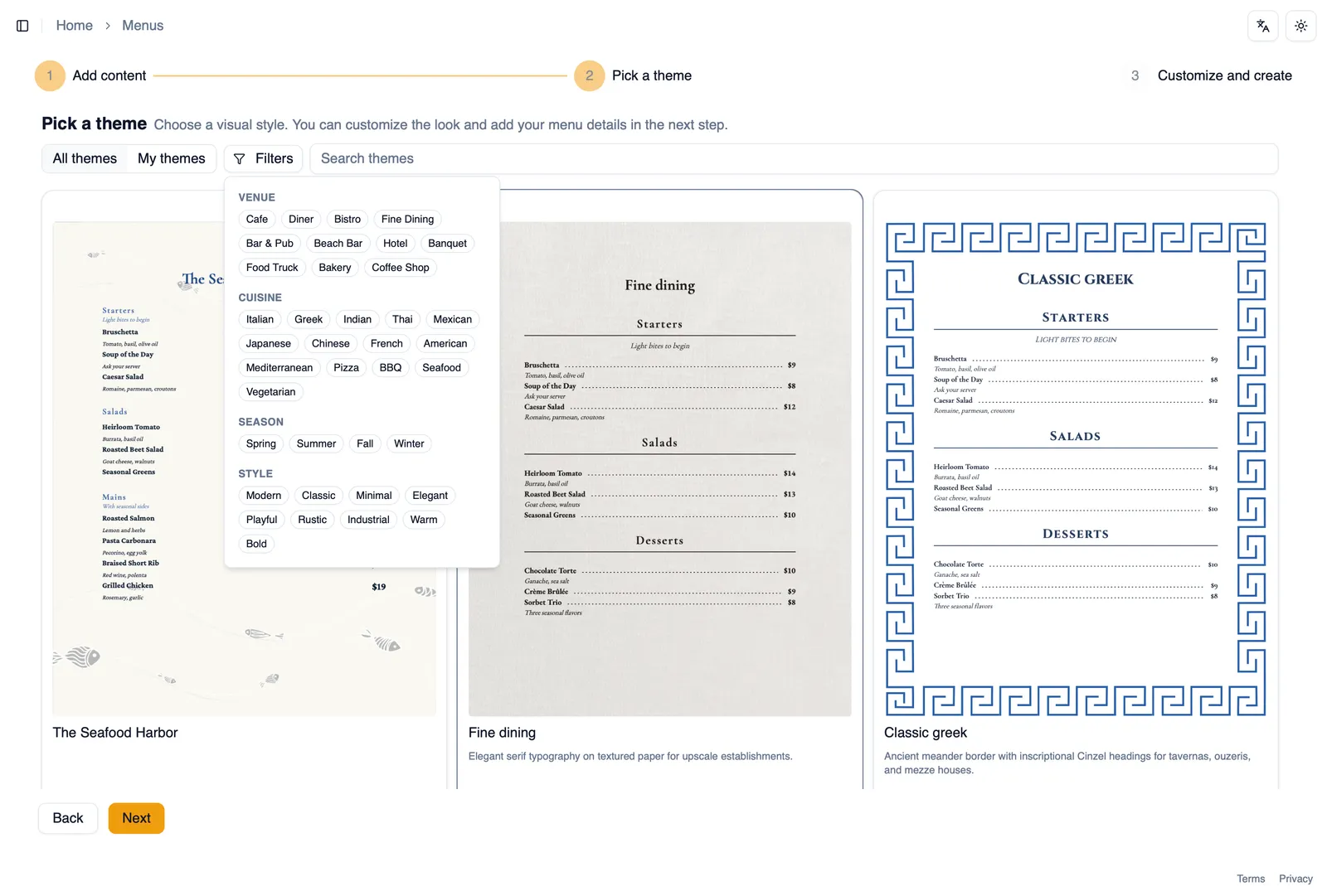 The Pick a theme step of the menu generation wizard